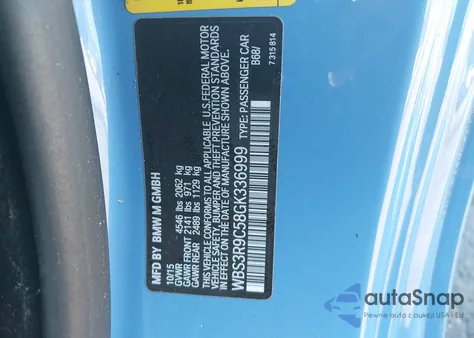 2016 BMW M4 z USA, uszkodzony, nr VIN WBS3R9C58GK336999